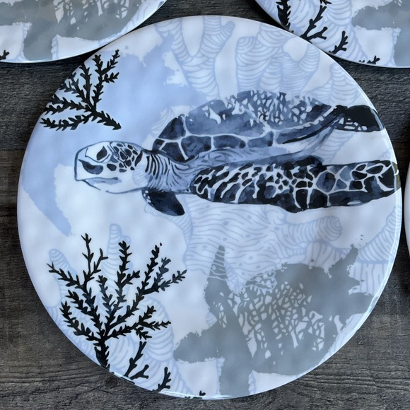 Other - Marine Sea Turtle Melamine Dinner Plate Set 8- 11" Round Plates Nautical Coastal